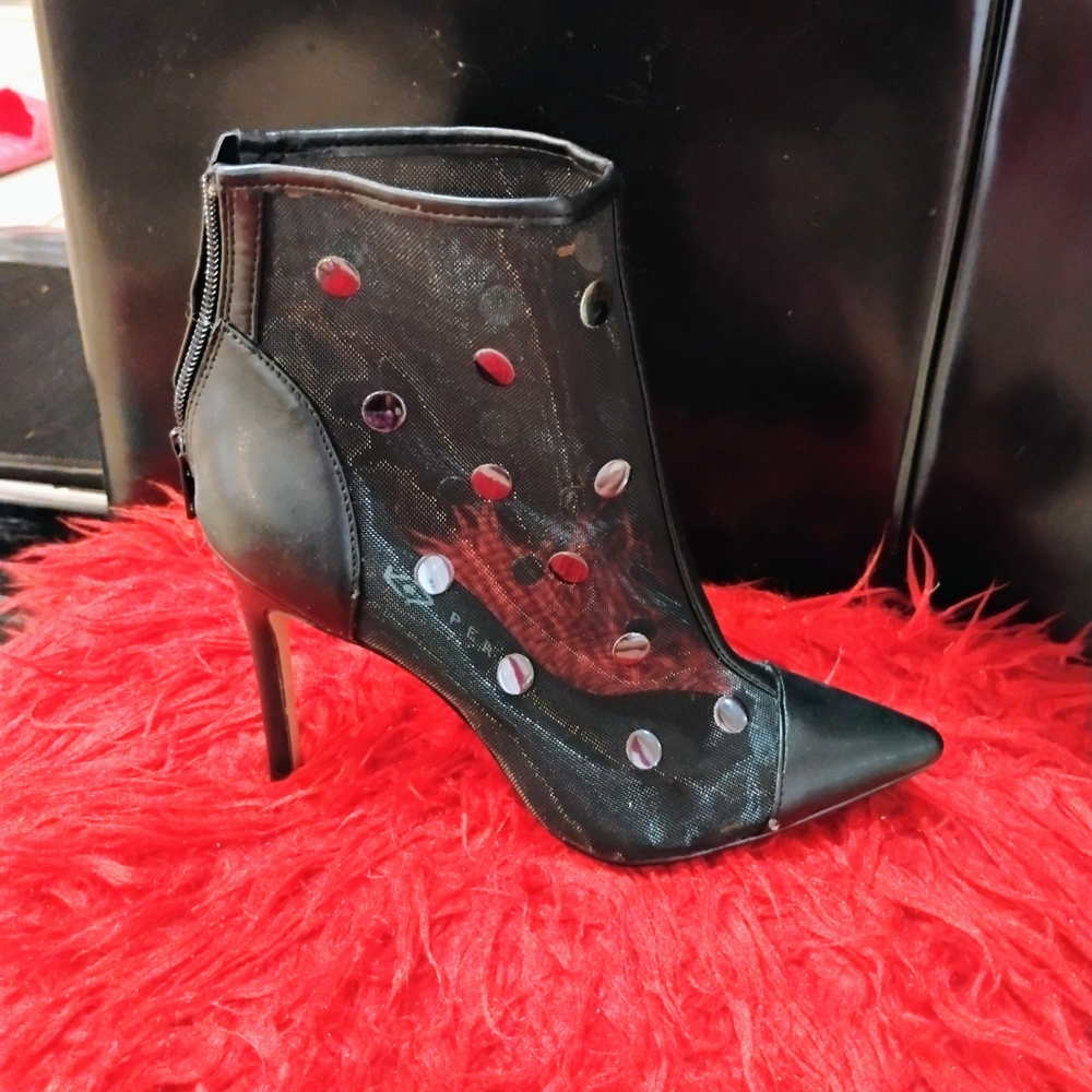 Brand New With No Tag Black Mesh Ankle Boot with Polka Dot Design